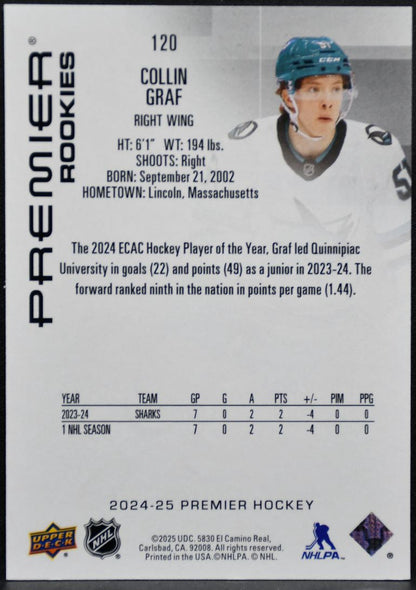 2024-25 UD Premier Collection Rookies Bronze Collin Graf Sharks RC /399 6957