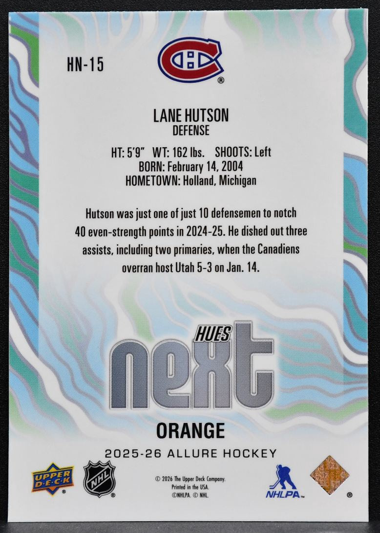 2025-26 Upper Deck Allure Hues Next Orange Lane Hutson HN-15 Canadiens 9621