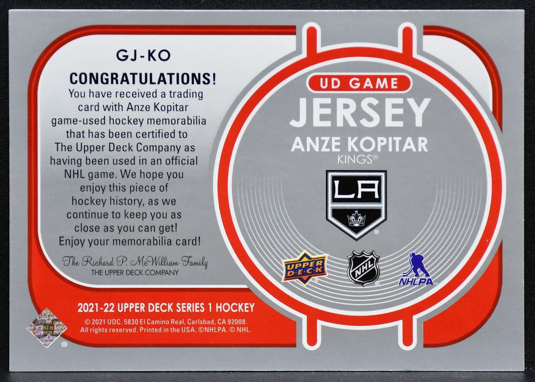 2021-22 Upper Deck Series 1 UD Game Jerseys Anze Kopitar GJ-KO Kings Jersey 3527