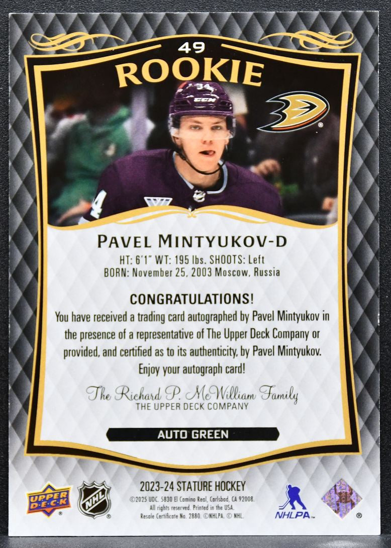 2023-24 Upper Deck Stature Auto Green Pavel Mintyukov 49 Ducks Auto 088/199 3486