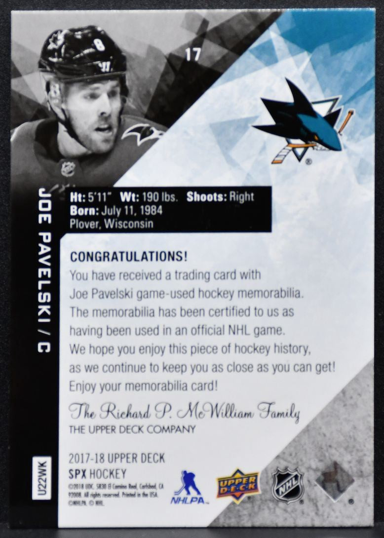 2017-18 SPx Material Jersey Joe Pavelski 17 San Jose Sharks Jersey 4767