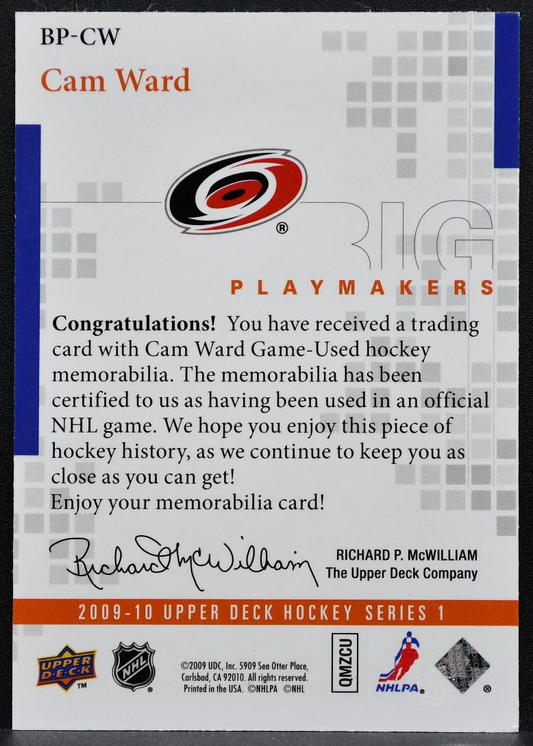 2009-10 Upper Deck Big Playmakers Cam Ward BP-CW Carolina Hurricanes Jersey 4763