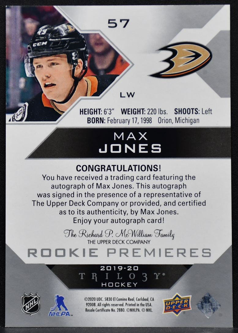 2019-20 UD Trilogy Rookie Premier Silver Foil Autographs Max Jones RC Auto /399