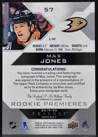 2019-20 UD Trilogy Rookie Premier Silver Foil Autographs Max Jones RC Auto /399
