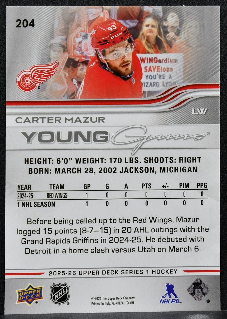 2025-26 Upper Deck Series 1 Young Guns Carter Mazur 204 RC 7718