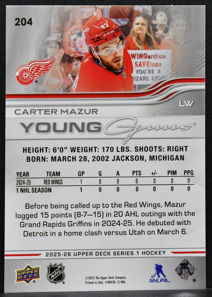 2025-26 Upper Deck Series 1 Young Guns Carter Mazur 204 RC 7718