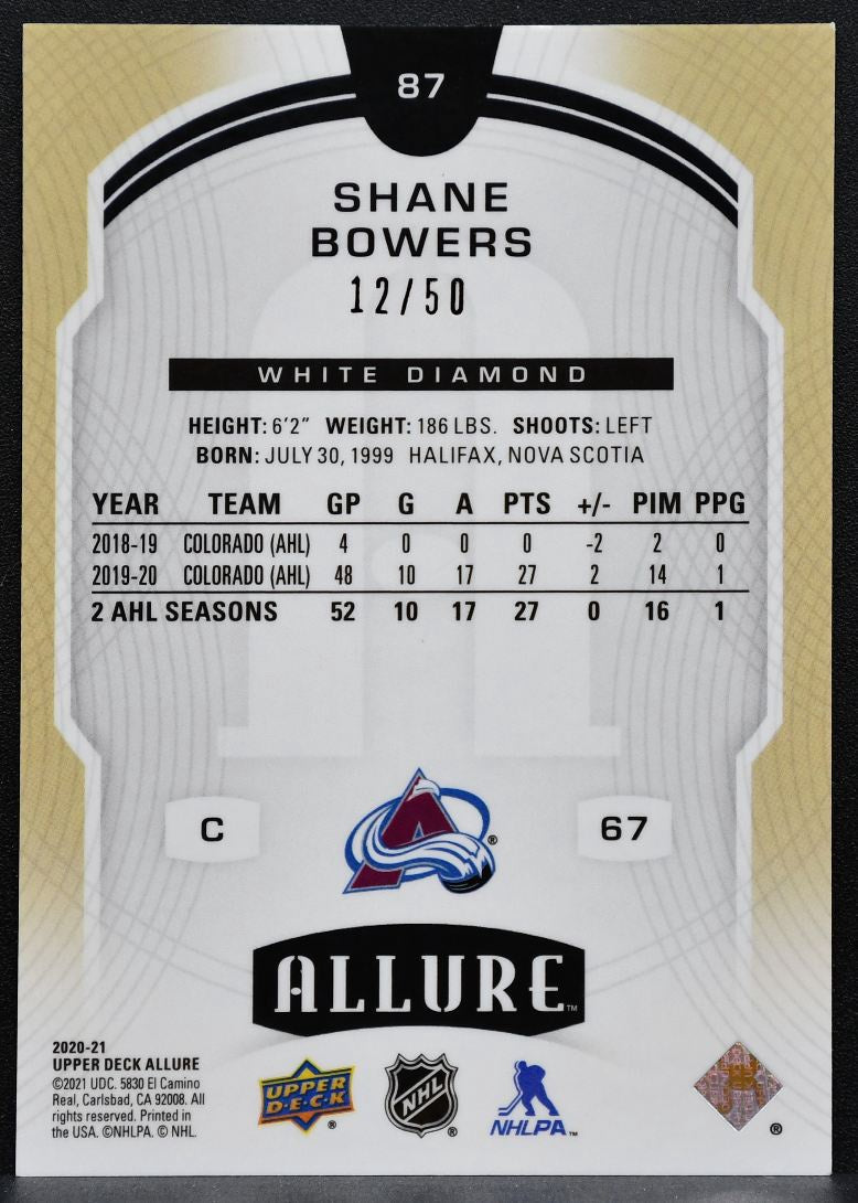 2020-21 UD Allure Rookie White Diamond Shane Bowers 87 Avalanche RC 12/50 8334