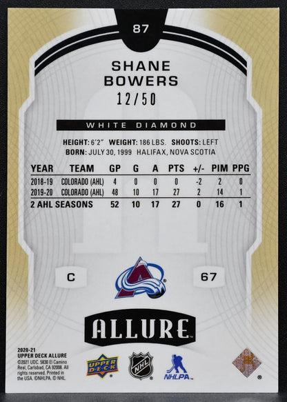 2020-21 UD Allure Rookie White Diamond Shane Bowers 87 Avalanche RC 12/50 8334
