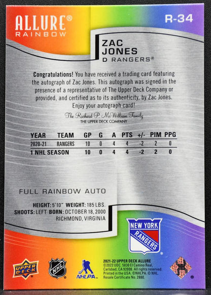 2021-22 UD Allure Full Rainbow Auto Rookie Zac Jones R-34 Rangers RC Auto 3253
