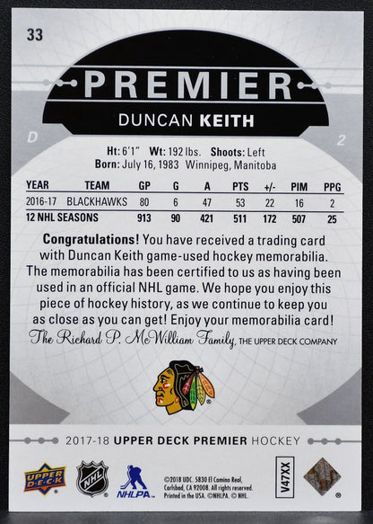 2017-18 Upper Deck Premier Base Relics Jerseys Duncan Keith Jersey 0370