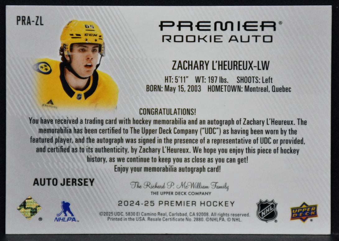2024-25 UD Premier RC Auto Jersey Zachary L'Heureux Nashville Predators RC 1275