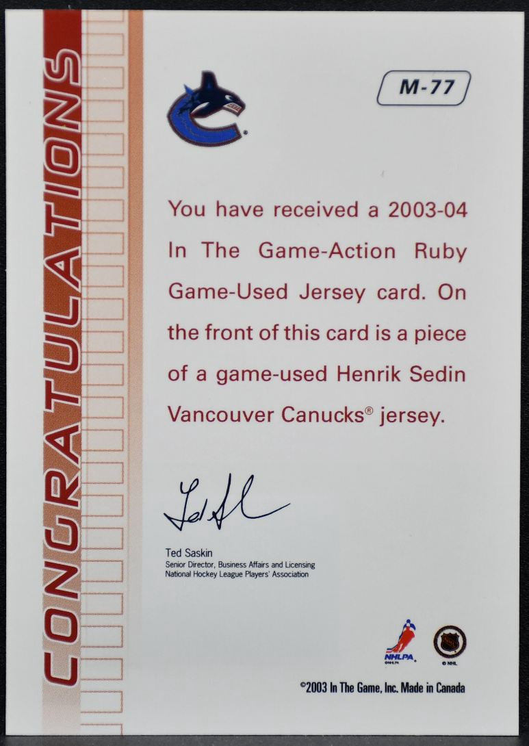 2003-04 In The Game-Action Jerseys Ruby Henrik Sedin M-77 Canucks Jersey 2584