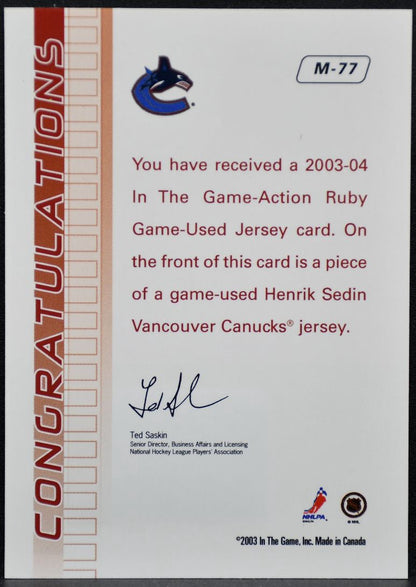 2003-04 In The Game-Action Jerseys Ruby Henrik Sedin M-77 Canucks Jersey 2584