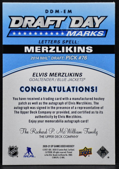2020-21 SP Game Used Draft Day Marks Elvis Merzlikins DDM-EM RC Auto 27/35