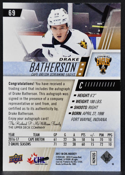 2017-18 UD CHL Autographs Drake Batherson 69 Cape Breton Screaming Eagles Auto 4542