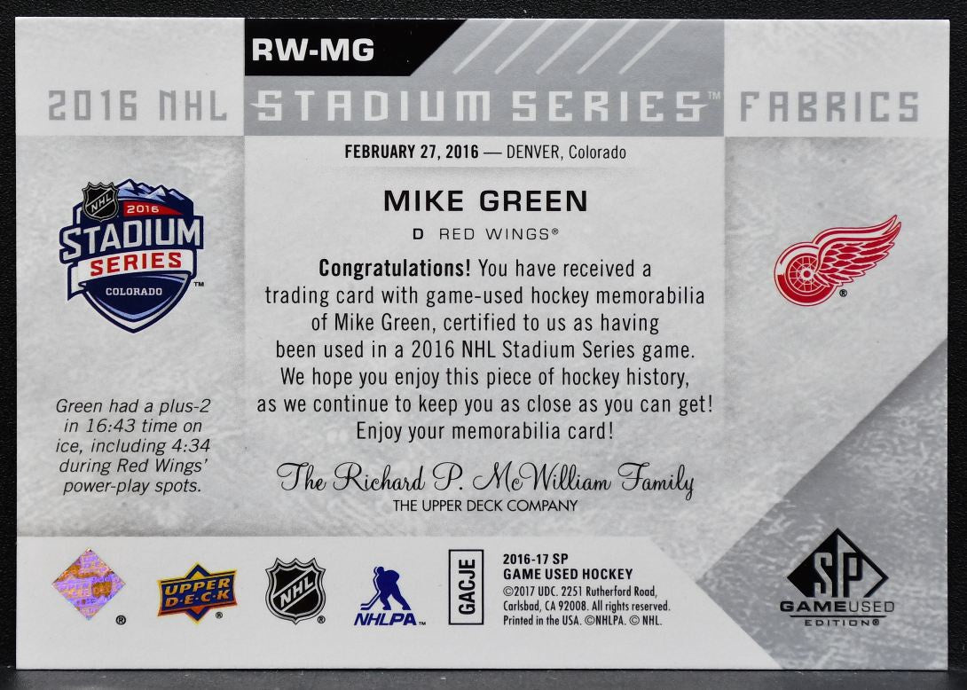 2016-17 SP Game Used 2016 Stadium Series Fabrics Mike Green Jersey 8825