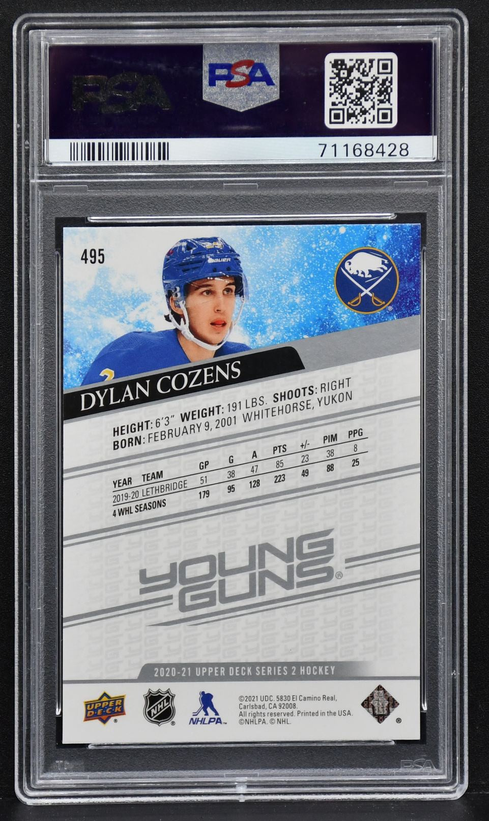 2020-21 UD Series 2 Young Guns #2 Dylan Cozens 495 PSA 10 RC