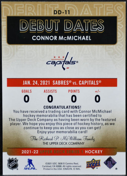 2021-22 Upper Deck Series 1 Debut Dates Connor McMichael Capitals RC Jersey 2102
