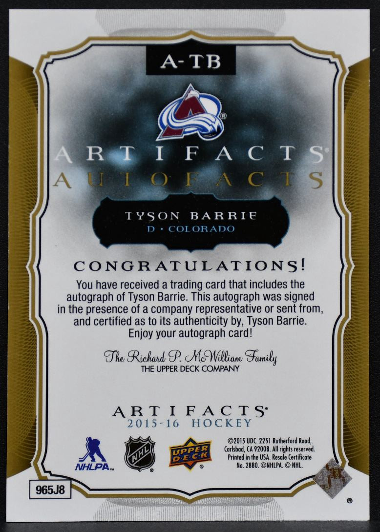 2015-16 Upper Deck Artifacts Auto Facts Tyson Barrie A-TB Avalanche Auto 1356