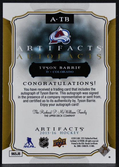 2015-16 Upper Deck Artifacts Auto Facts Tyson Barrie A-TB Avalanche Auto 1356