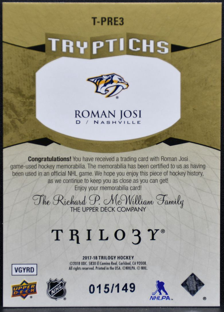 2017-18 UD Trilogy Tryptichs Jersey Relics Roman Josi Predators /149 Jersey 1297