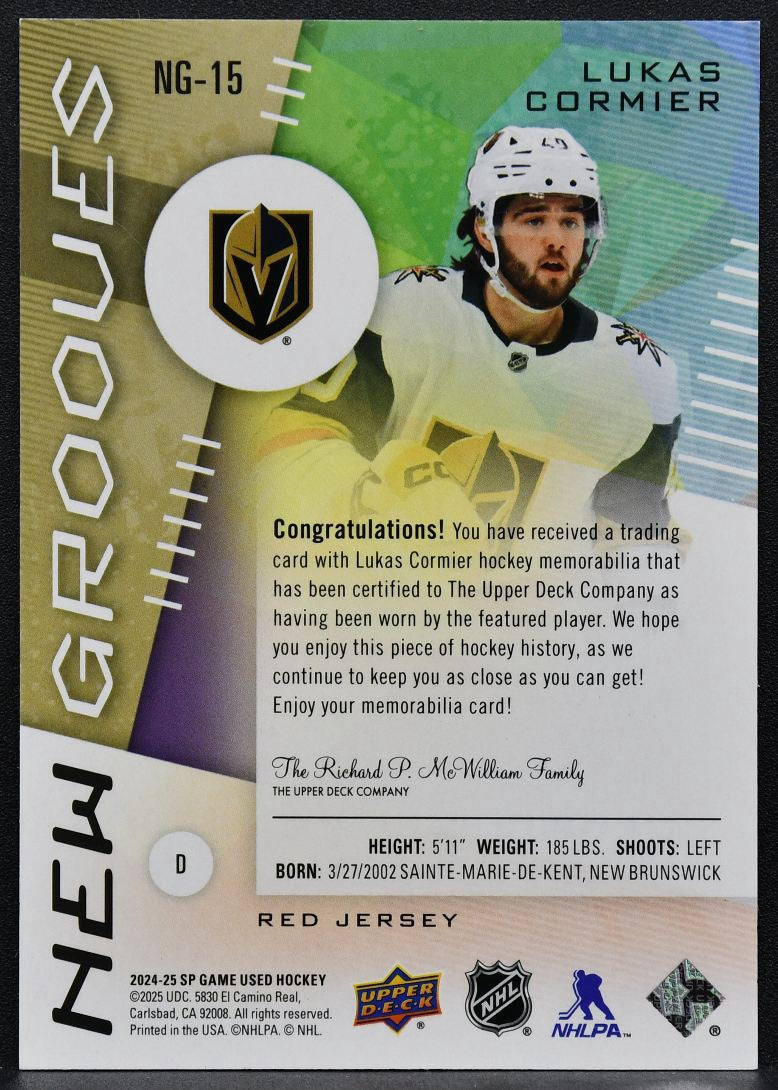 24-25 SP Game Used New Grooves Red Jersey Lukas Cormier Golden Knights RC Jersey 3254