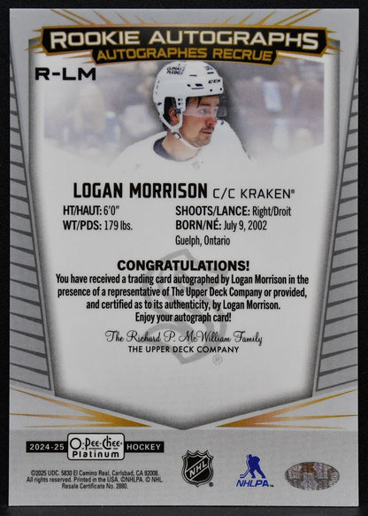 2024-25 O-Pee-Chee Platinum Rookie Auto Logan Morrison R-LM Kraken RC Auto 6795