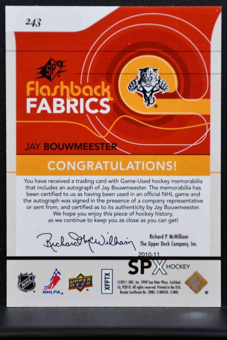 2010-11 SPx Auto Flashback Fabrics Jay Bouwmeester 243 Panthers Auto Patch 6620