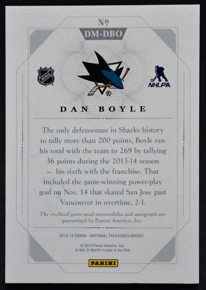 2013-14 Panini National Treasures Dual Mem Dan Boyle DM-DBO Auto Jersey