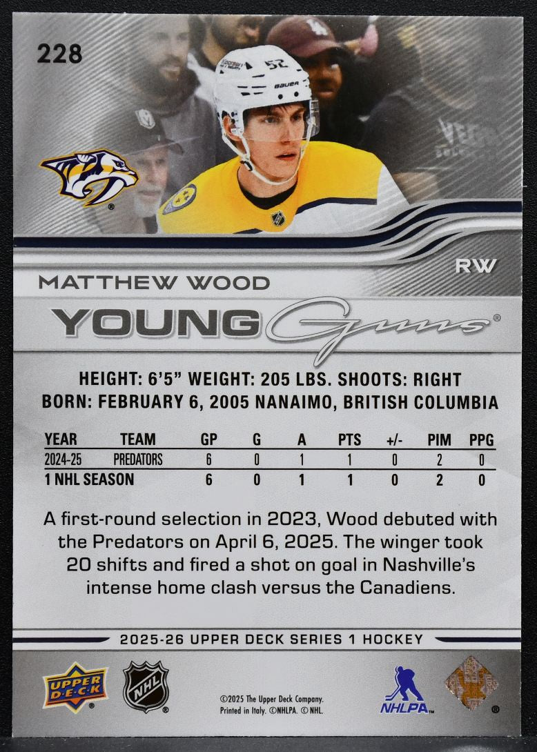 2025-26 Upper Deck Series 1 Young Guns Matthew Wood 228 Predators RC 5647