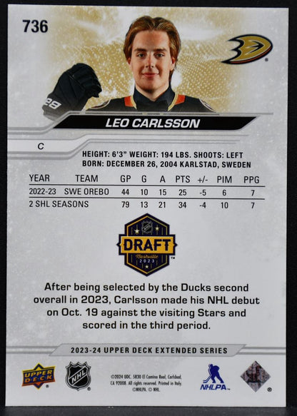 2023-24 UD Extended Series 1st Round Rookies Deluxe Leo Carlsson 736 RC 160/250