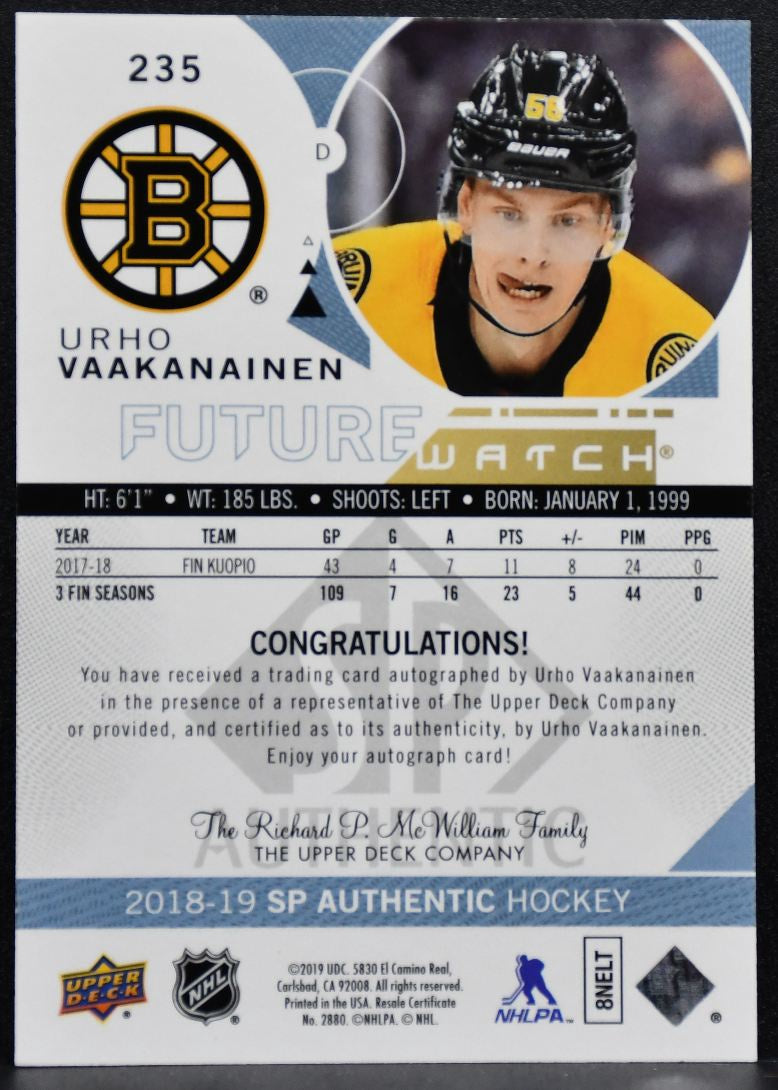 2018-19 SP Authentic Future Watch Auto Urho Vaakanainen RC Auto 171/999 3005