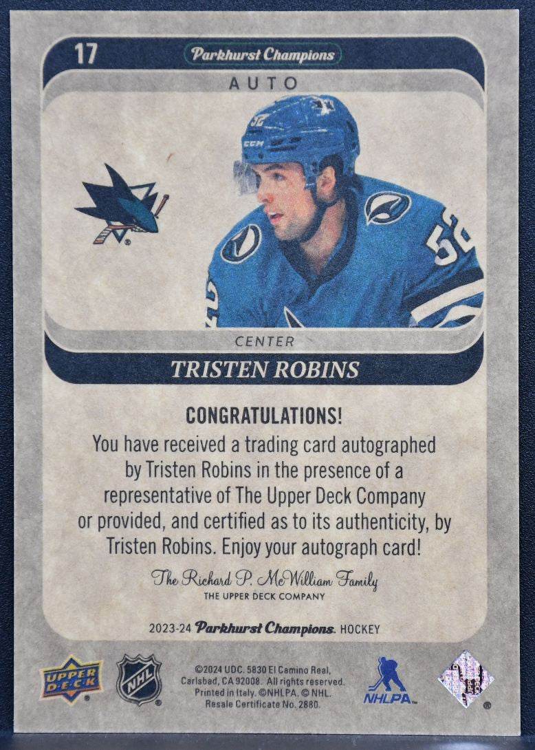 2023-24 Parkhurst Champions RC Auto Tristen Robins 17 San Jose Sharks RC Auto 6270