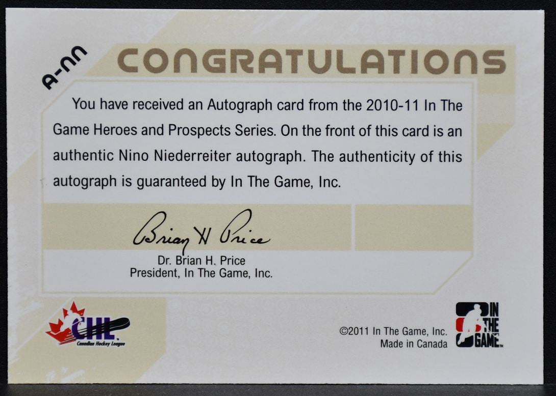 2011-12 In The Game Heroes & ProspectsAutographs Nino Niederreiter A-NN Auto