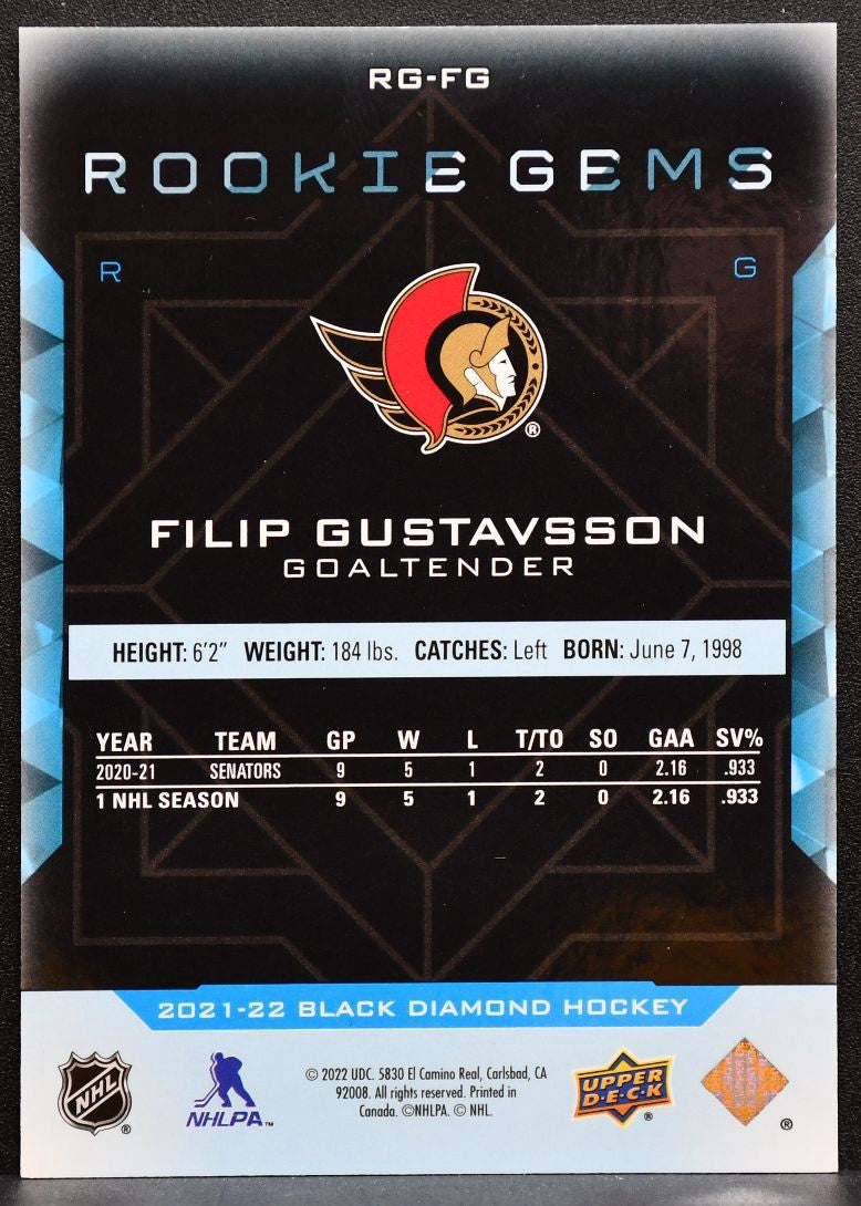 2021-22 UD Black Diamond Rookie Gems Filip Gustavsson Senators RC 361/399 1211