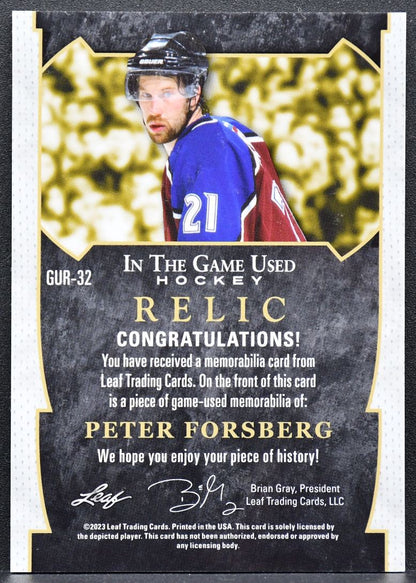 22-23 Leaf In The Game Used Relics Purple Foil Forsberg Avalanche /45 Jersey 3094