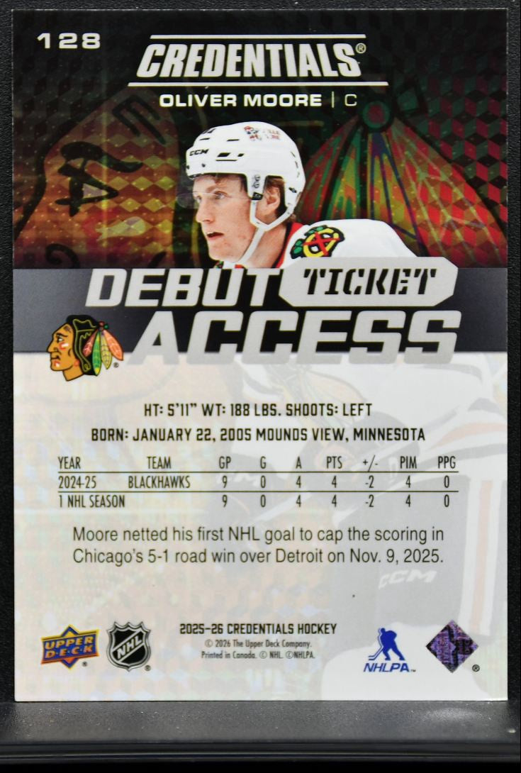 2025-26 UD Credentials Debut Ticket Access Oliver Moore RC 779/999 0139
