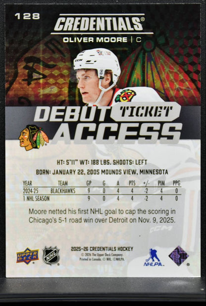 2025-26 UD Credentials Debut Ticket Access Oliver Moore RC 779/999 0139