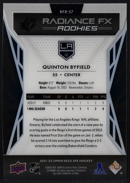 2021-22 SPx Radiance F/X Rookies Quinton Byfield RFX-57 Los Angeles Kings RC 2103