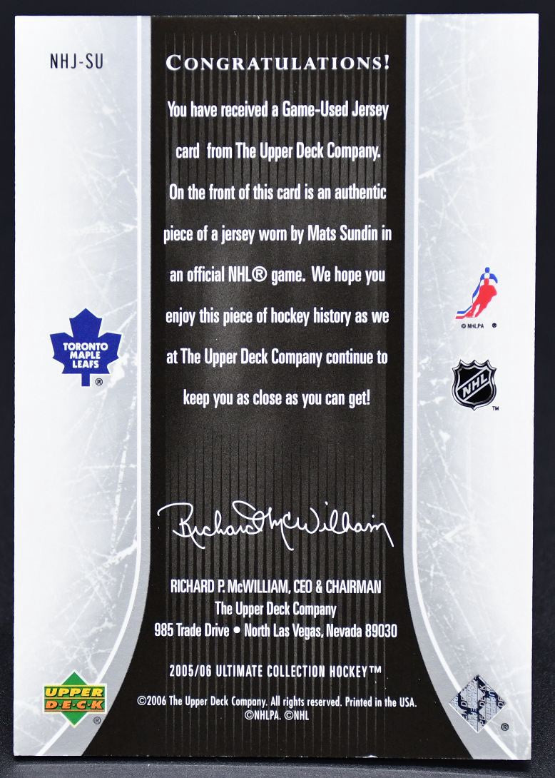 2005-06 UD Ultimate Collection National Heroes Mats Sundin NHJ-SU 085/225 Jersey