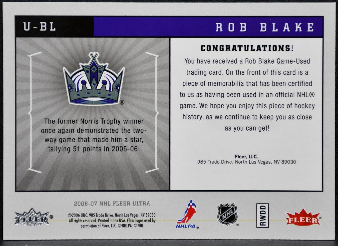 2006-07 Fleer Ultra Uniformity Jersey Rob Blake U-BL Kings Jersey 9942