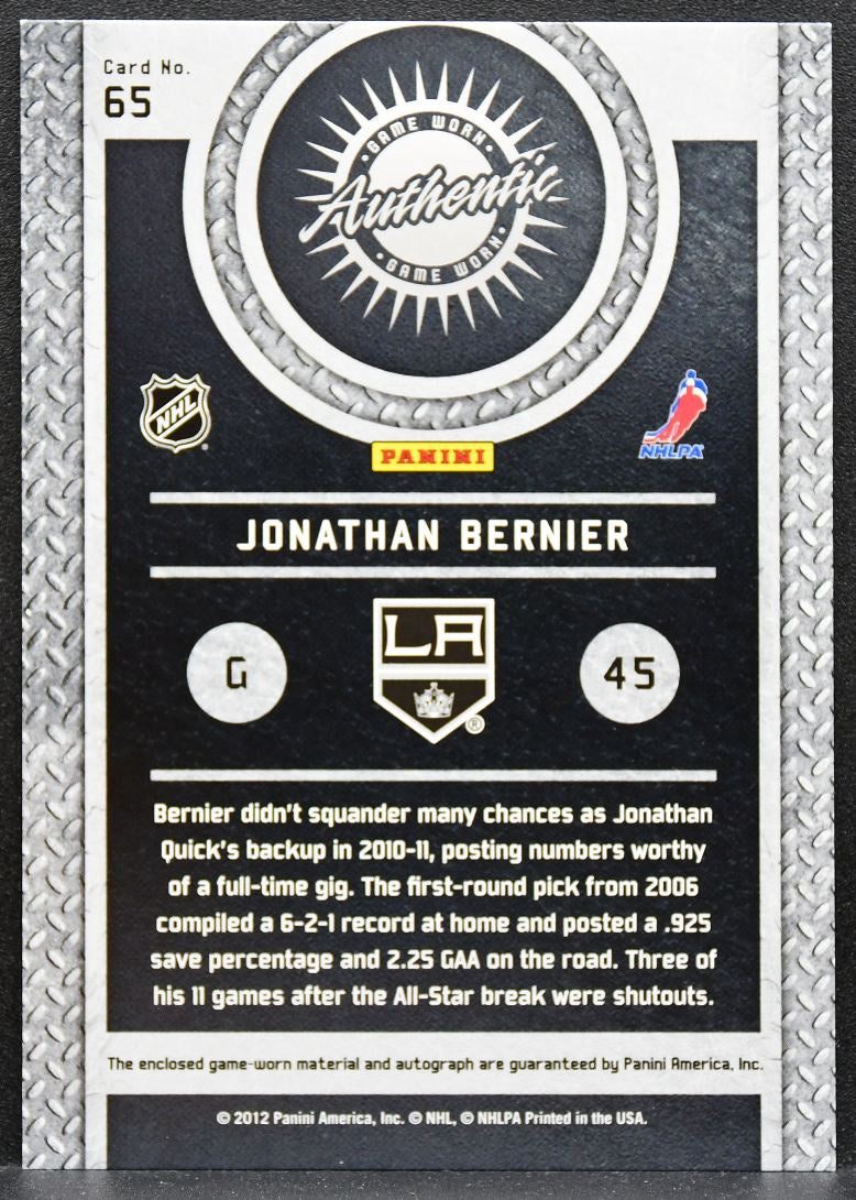 2011-12 Panini Titanium Jonathan Bernier 65 Kings Auto 018/100 Jersey 0079