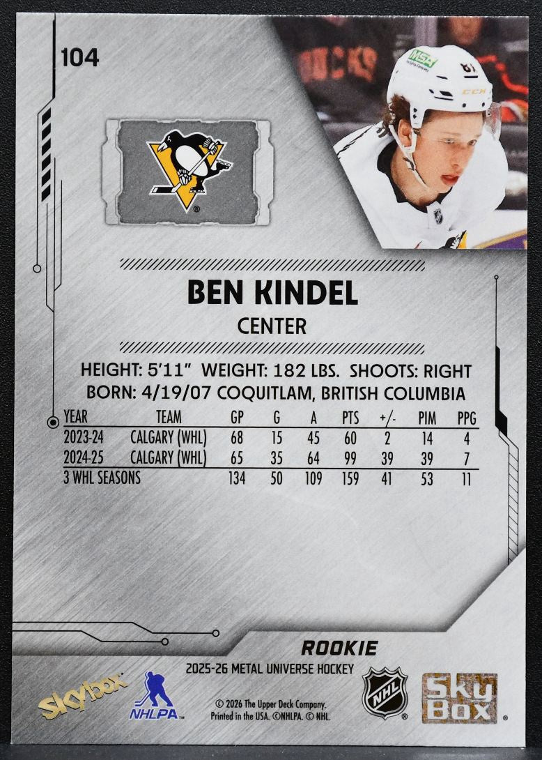 2025-26 SkyBox Metal Universe Rookie Ben Kindel 104 Pittsburgh Penguins RC 9737