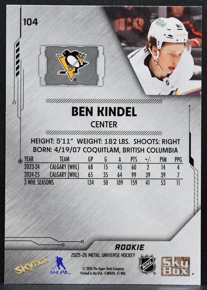 2025-26 SkyBox Metal Universe Rookie Ben Kindel 104 Pittsburgh Penguins RC 9737
