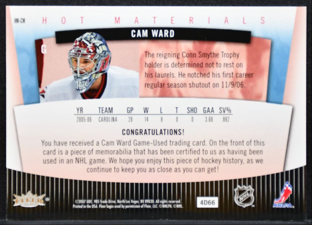 2007-08 Fleer Hot Prospects Materials Red Cam Ward 091/100 Jersey 9120