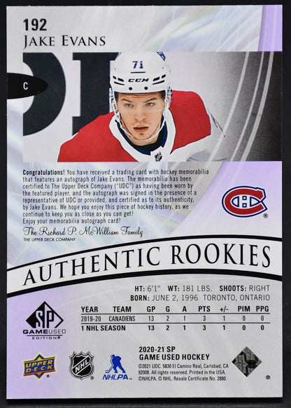 2020-21 SP Game Used Authentic Rookies Auto Jersey Evans 192 RC Auto 57/65