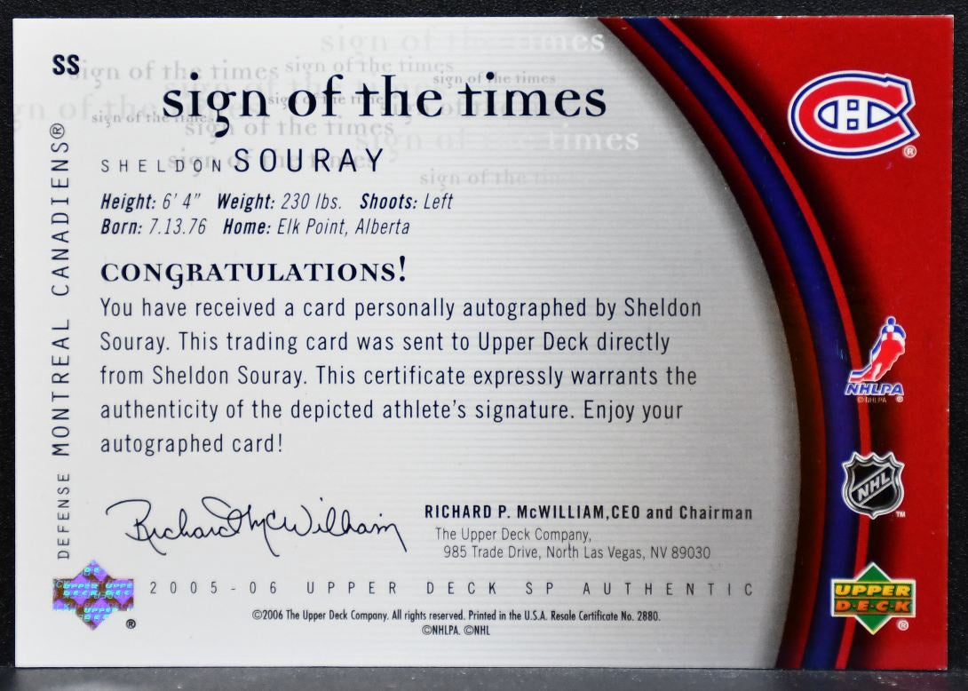 2005-06 SP Authentic Sign of the Times Sheldon Souray Auto 6013