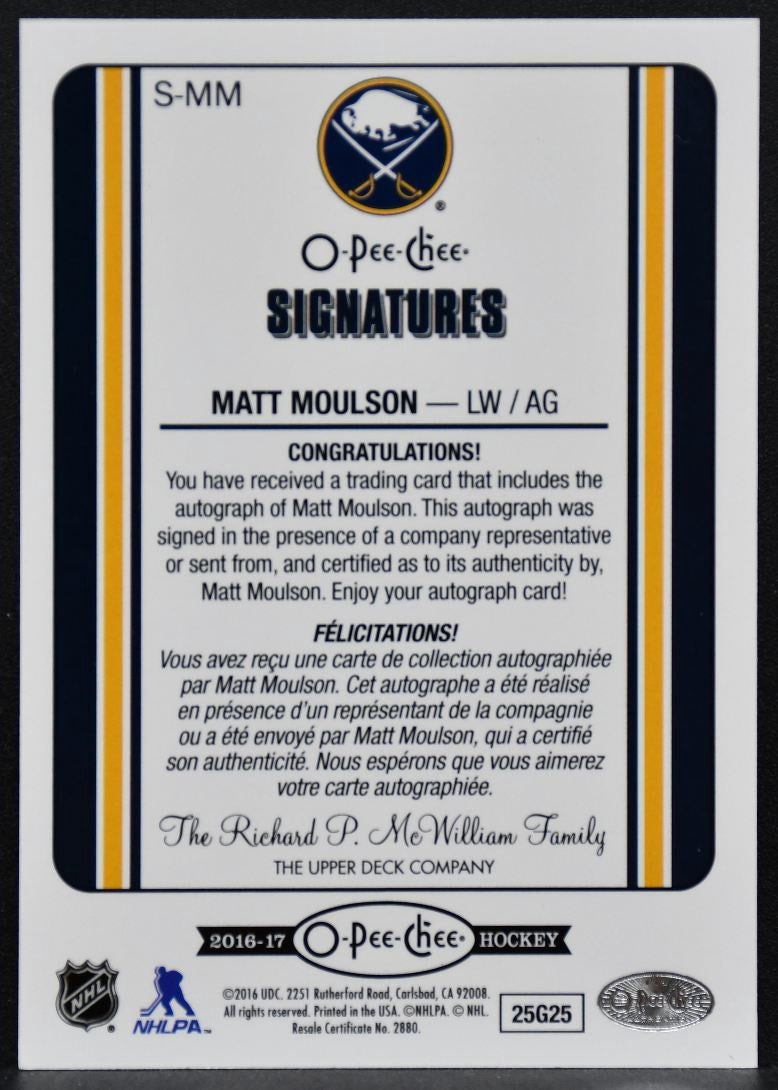2016-17 O-Pee-Chee Signatures Matt Moulson S-MM Buffalo Sabres Auto 5287