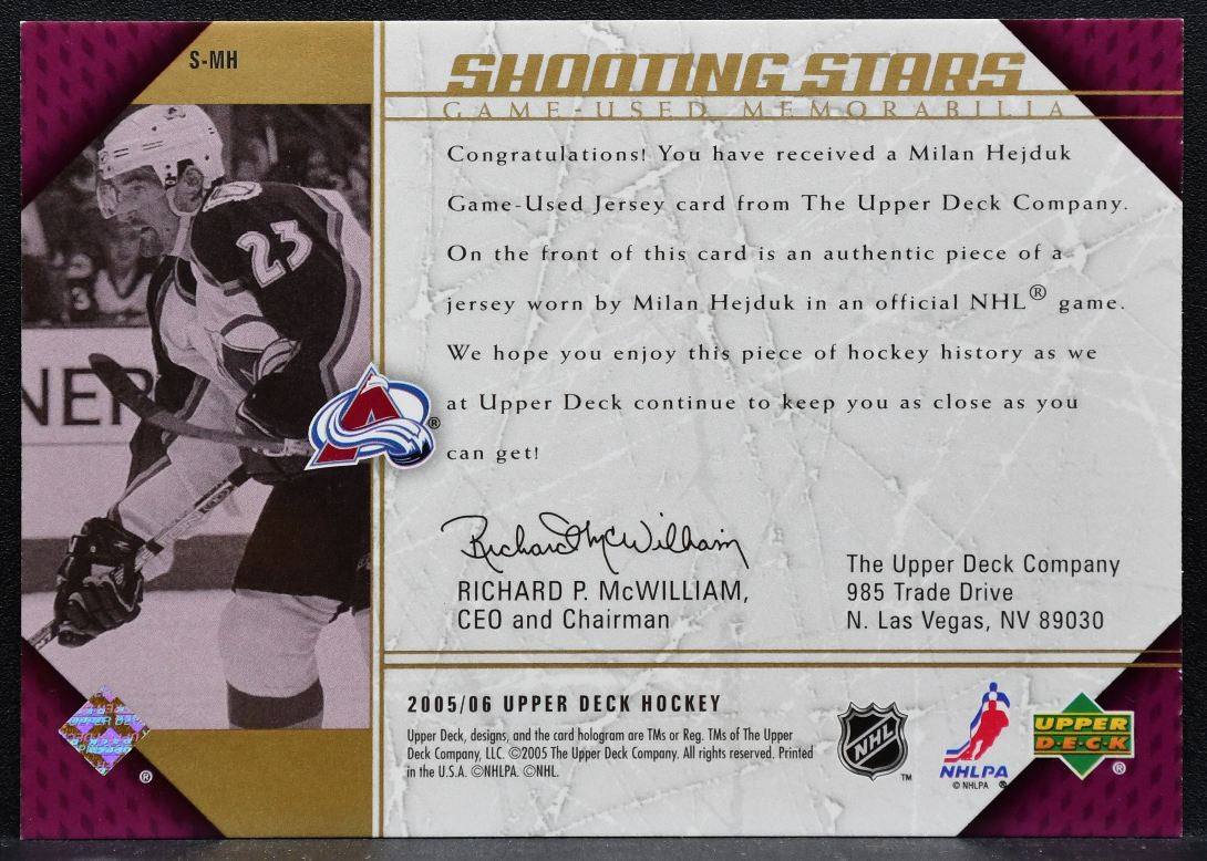 2005-06 Upper Deck Shooting Stars Milan Hejduk Colorado Avalanche Jersey 6014