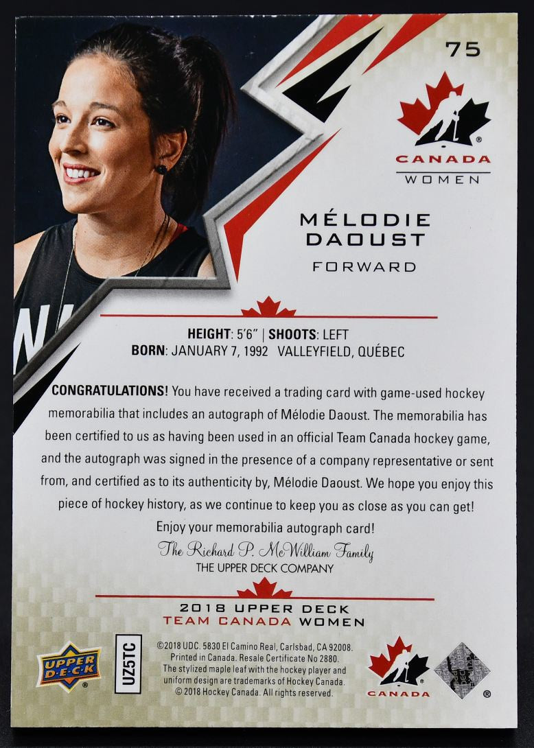 2018-19 UD Team Canada Juniors Auto Patch Melodie Daoust 75 Auto 064/199 Patch